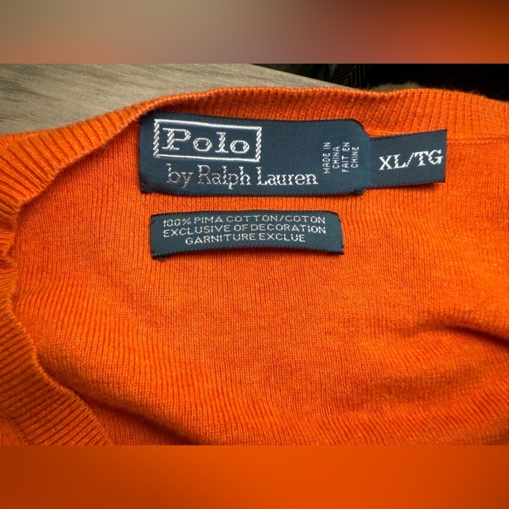 Polo Ralph Lauren Sweater Men's XL 100% Pima Cotton Orange Blue Pony V-Neck EUC - Picture 8 of 9